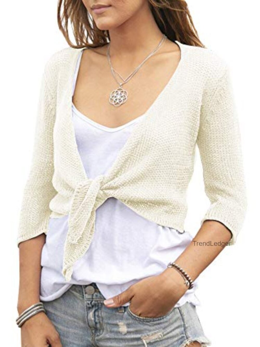 Women's Sheer Tie Front Shrug 3/4 Sleeve Lightweight Knotted Bolero Cardigan